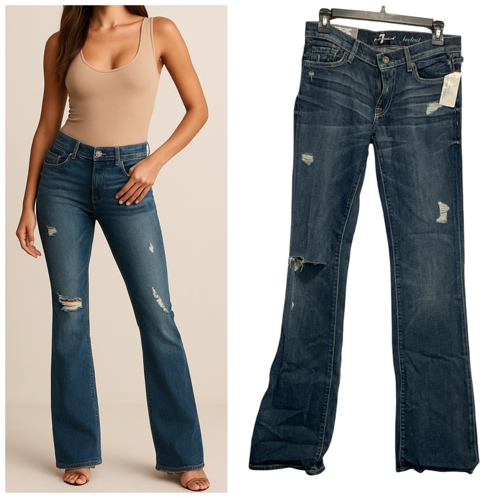 7 For All Mankind Bootcut Jeans in Dark Blue Distressed